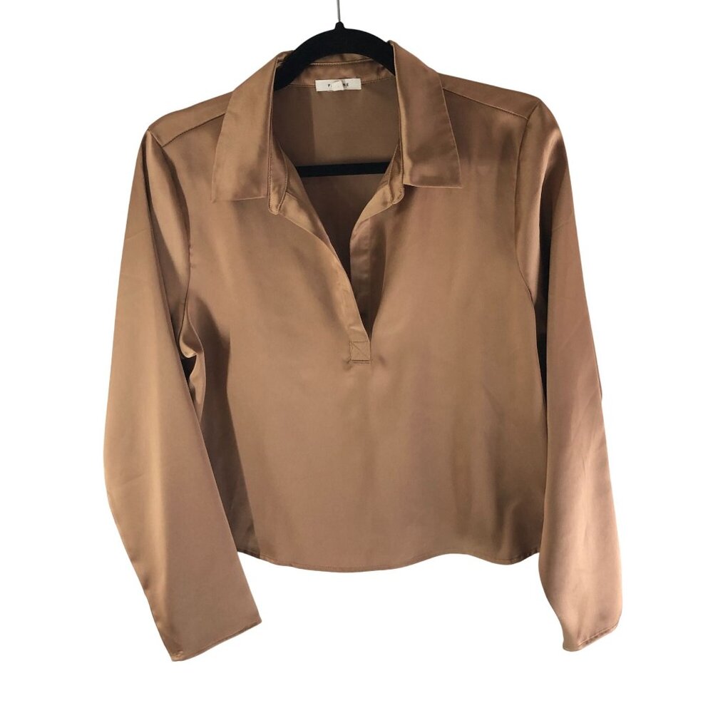 Pleione Womens Popover Satin Long Sleeve Collared Blouse Top Bronze Brown M